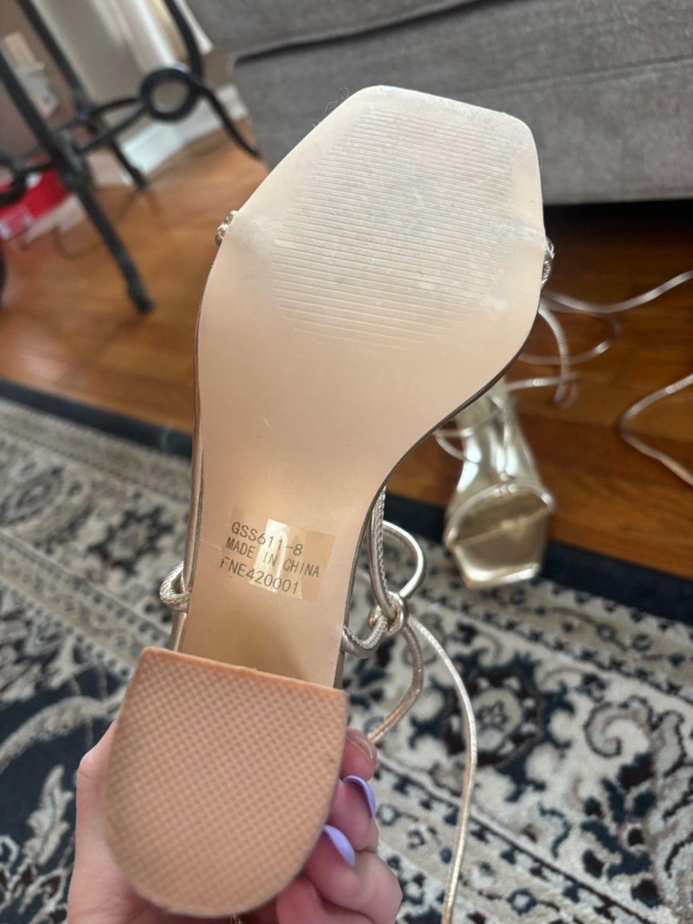 Gold Strappy Square-Toe Block Heel Sandals with Wrap Ties - Picture 4 of 6